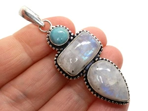 GJ69 GW  2x REGENB MONDSTEIN  &  LARIMAR VINTAGE ANHÄNGER + *TOP* +KETTE / LEDER - Bild 1 von 6