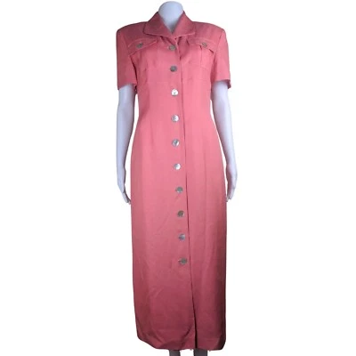 Maxi Vestido con Botones Cynthia Howie Talla Mediana 8 Vintage Rosa Coral 100% Seda Foto 1 de 4