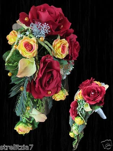 3. Exclusiver Brautstrauß Rosen rot gelb Hochzeit Braut Neu Perlen - Bild 1 von 7
