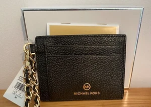 Michael Kors Black Pebbled Leather Gold Chain Card Case New In Box - Picture 1 of 10