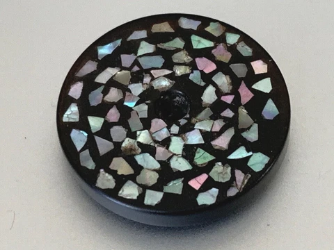 Rare French ANTIQUE BUTTON Mother of Pearl iridescent shards on black background Cover