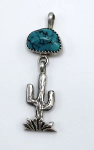 Vintage Native American Navajo Southwestern Silver Turquoise Cactus Pendant - Picture 1 of 5