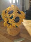 HAND CROCHETED 8 X 6" SUNFLOWER WITH WIRE STEM AND LEAVES AND CROCHETED VASE