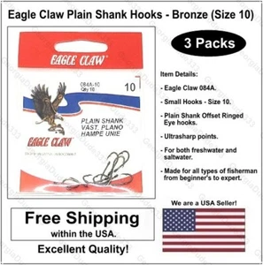 3 Pak: Eagle Claw Plain Shank Offset Ringed Eye Hooks - Bronze (Size 10) - Picture 1 of 11