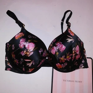 Victoria Secret BH Push Up Schwarz Blumen Träger Sehr Sexy Bügel Neu - Bild 1 von 5