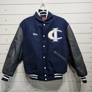 Chaqueta de cuero vintage 1987 Letterman Varstiy para hombre XL Cambridge Mike azul - Imagen 1 de 7