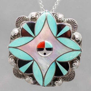 ZUNI-VINTAGE STERLING SILVER & STONE INLAY SUNFACE PIN/PENDANT by YOLANDA LAATE - Picture 1 of 4