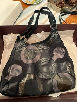 Coach Inlaid Op Art Gunmetal & Black Leather Shoulder Bag Gunmetal 14298 - Image 1 of 4