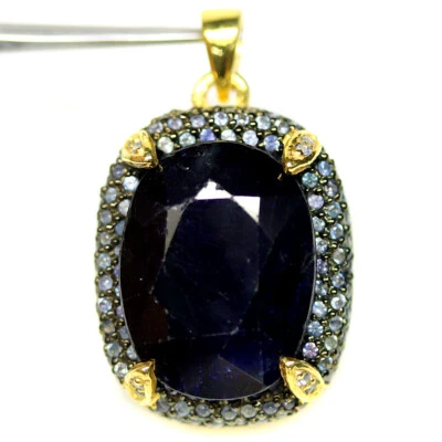 925 Sterlingsilber 15 x 19 Mm. Blauer Saphir Zweifarbig Anhänger - Bild 1 von 4