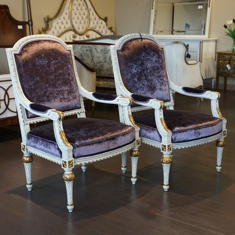 Pair of Mahogany Louis XVI Carved Arm Chairs white and gold purple velvet Cover