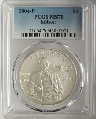 2004-P $1 THOMAS EDISON COMMEMORATIVE SILVER DOLLAR PCGS MS70 #43080901 TOP POP! - Image 1 of 4
