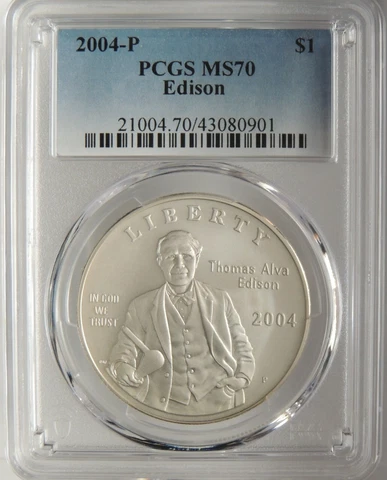 2004-P $1 THOMAS EDISON COMMEMORATIVE SILVER DOLLAR PCGS MS70 #43080901 TOP POP! Cover