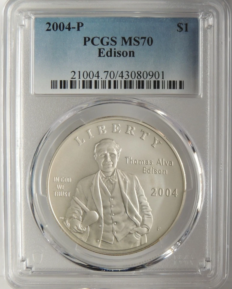 2004-P $1 THOMAS EDISON COMMEMORATIVE SILVER DOLLAR PCGS MS70 #43080901 TOP POP! - Image 1 of 4