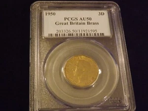 1950 3D Great Britain Brass PCGS AU 50 - Picture 1 of 2