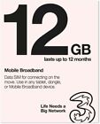 Three PAYG préchargé 12 Go 3G 4G carte SIM de données haut débit mobile dure jusqu'à 12 mois 