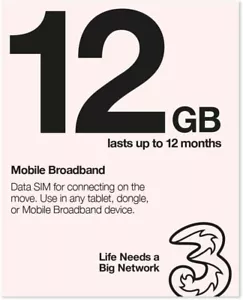 Three PAYG Preloaded 12GB 3G 4G Data SIM Mobile Broadband lasts upto 12 months - Picture 1 of 14