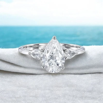 Diamond Women Ring Pear Cut Lab Grown IGI Certified 1.8 Carat 18k White Gold 7 8 - Image 1 of 4