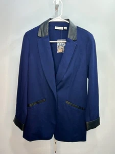 Susan Graver Ponte Knit Blue Blazer with Black Faux Leather Trim , Size 2.NWT.2Z - Picture 1 of 5