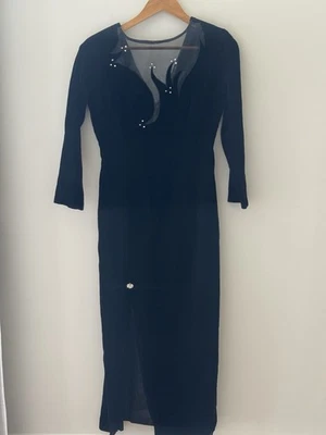 Maxi Vestido De Colección Dave & Johnny Negro Terciopelo Años 90 Malla Recorte Estrás Abertura Y2K Foto 1 de 4