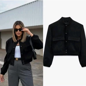 Zara Maxi Cropped Bomber Jacket Black Size M Medium 10 12 Bloggers Oversized - Picture 1 of 7