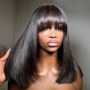 Bob 3x1 Lace Scalp Wigs With Bangs 180% Density Human Hair Straight Fringe Wigs - Picture 1 of 5
