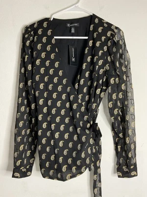 I.N.C. Women's Metallic Paisley Wrap Blouse Black/Gold Size S - Image 1 of 4