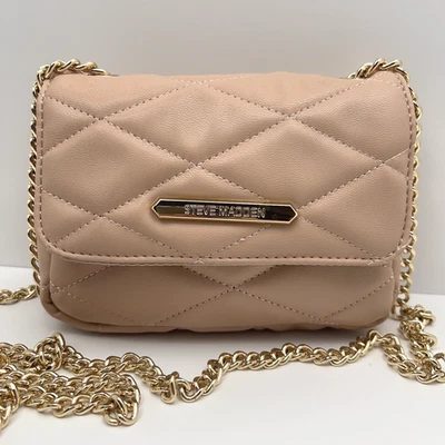 STEVE MADDEN Crossbody Handbag Small Quilted Purse Gold Chain Link Strap Pink - Image 1 of 4