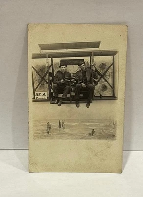 RPPC Real Photo Postcard 2 Men in Studio Biplane 'Be A Sport' 1912 Oregon - Image 1 of 2