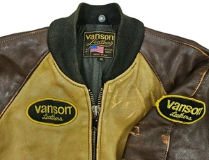 HOT USA Men VANSON BIKER MOTORCYCLE BOMBER VARSITY BROWN TAN LEATHER Jacket 38 S - Picture 1 of 20