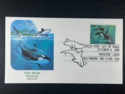 1990 Killer Whale 25c First Day Cover Moscow USSR Baltimore MD Joint Issue  a847 - Image 1 of 2