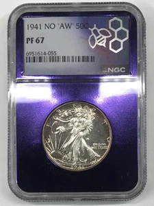 1941 No "AW" Initialen Proof Walking Liberty Half Dollar NGC PF-67 - TraderBea - Bild 1 von 5