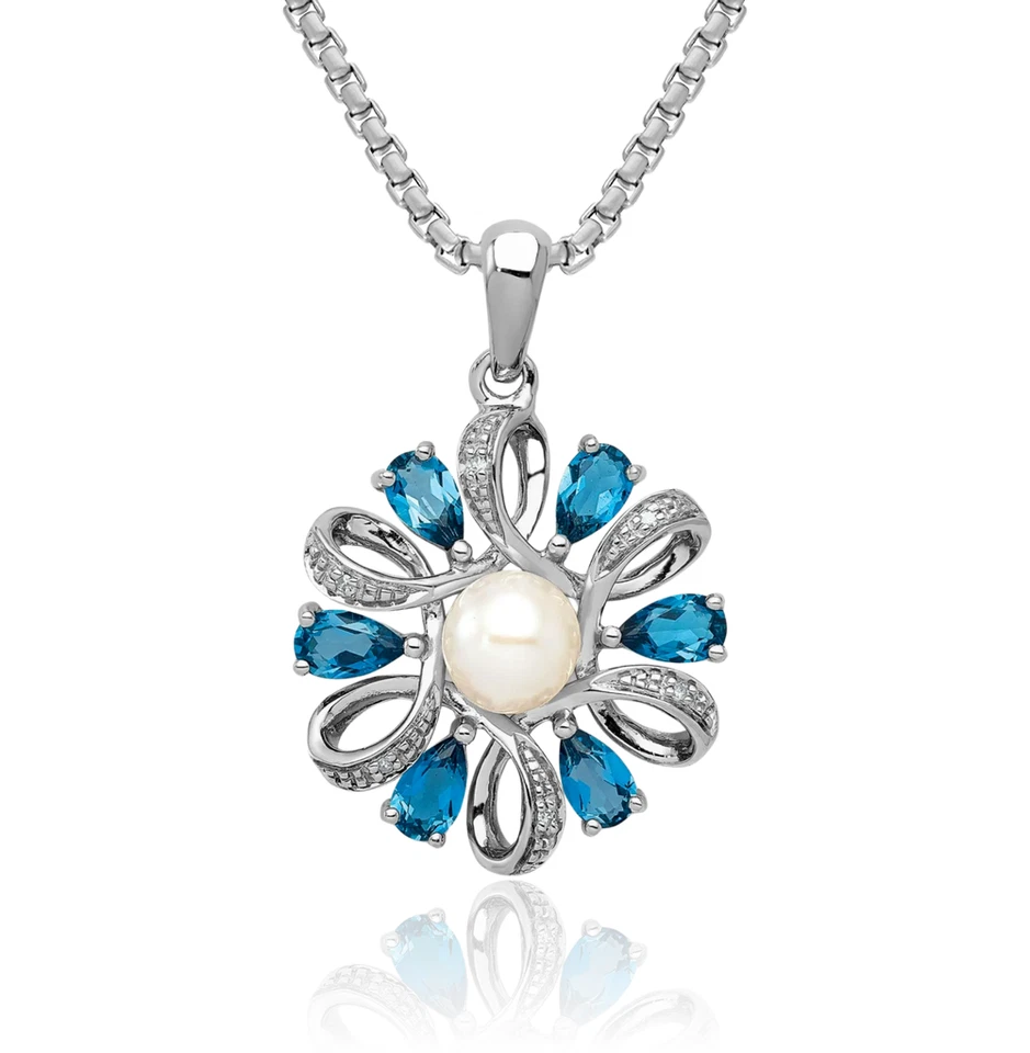 925 Sterling Silver Diamond London Blue Topaz Flower Necklace - Image 1 of 1