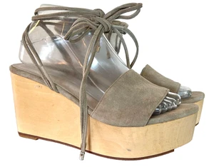 RAYE Taupe Suede Wood Platform Wedge Sandals Lace Up Ankle Ties Women's Size 8 - Picture 1 of 13