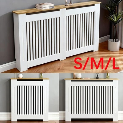 92cm High Radiator Cover Modern Vertical Slat Grill MDF Cabinet White/Oak Finish - Image 1 of 4