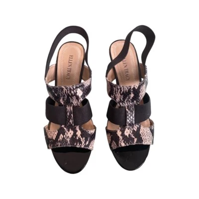 Sandalias de tacón de cuña con tiras con estampado de serpiente sintética negras Ellen Tracy IDOL talla 7 Foto 1 de 4