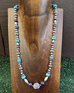 Sterling Silver Charoite Turquoise Bead Necklace. 22 Inch - Picture 1 of 12