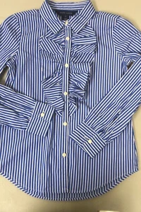 NEW Ralph Lauren Girls Striped Shirt Blue White Button Down Ruffle Cotton 10 - Picture 1 of 7