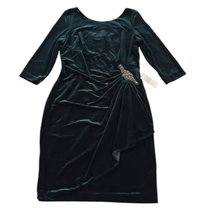 Alex Evenings Velvet Side-Draped 3/4 Sleeve Cocktail Green Dress Size 14 - Picture 1 of 11