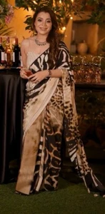 Elegant Animal Print Silk Saree with Sequin Blouse Party & Cocktail Wear Sari - Picture 1 of 8