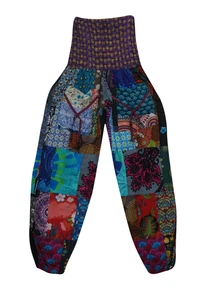 Boho Gypsy Hippy Patchwork Smocked Waist Comfy Pant Baggy Summer Loose Pants S/M