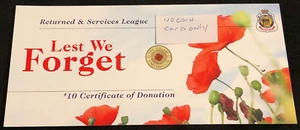 2012 $2 RED POPPY RSL $10 CERTIFICATE of DONATION CARD - CARD ONLY - NO COIN - Picture 1 of 4