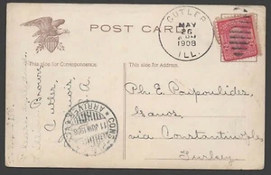 26 de mayo de 1908 Springfield IL Capitol Bldg postal Cutler, IL a Turquía Scott 319 - Imagen 1 de 2