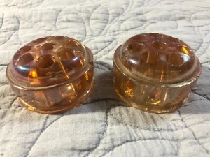 Lot of 2 Vintage 2-5/16 Inch Carnival Glass 8 Hole Flower Frogs in Marigold - Picture 1 of 8