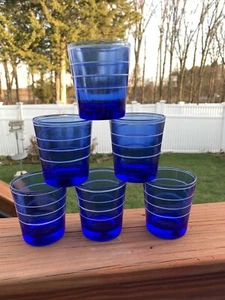 6 RARE Vintage Cobalt Blue White Rings Juice Rocks Glasses - Picture 1 of 9