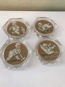 Christmas Clear Acrylic Coasters Cross Stitch Snow Kids Set Of 4 Vintage Coaster - Picture 1 of 7
