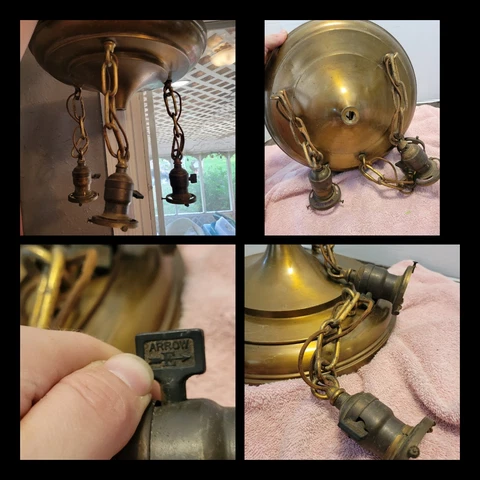 Arrow 1920s Vintage Ceiling Light Fixture Pre Deco Cloth Wire Brass Pan Light Cover