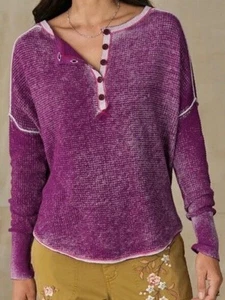 Sundance Grape Waffle Knit Gentry Henley Sweater Relaxed Slouchy Comfy Size PM - Picture 1 of 11