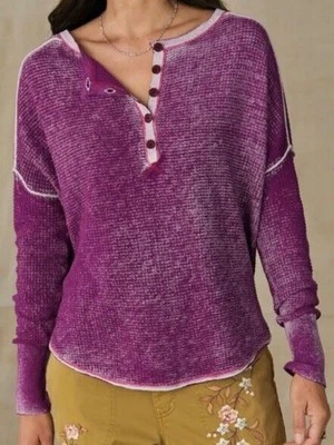 Sundance Grape Waffle Knit Gentry Henley Sweater Relaxed Slouchy Comfy Size PM - Image 1 of 4