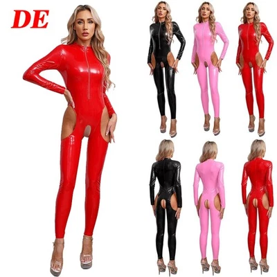 DE Damen Wetlook Body Leder Bodysuit Overall Lackleder Glänzend Dessous Clubwear - Bild 1 von 4