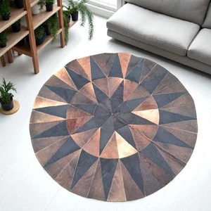 Rustic Multicolor Cowhide Patchwork Rug Round Handmade Leather Carpet - Picture 1 of 4